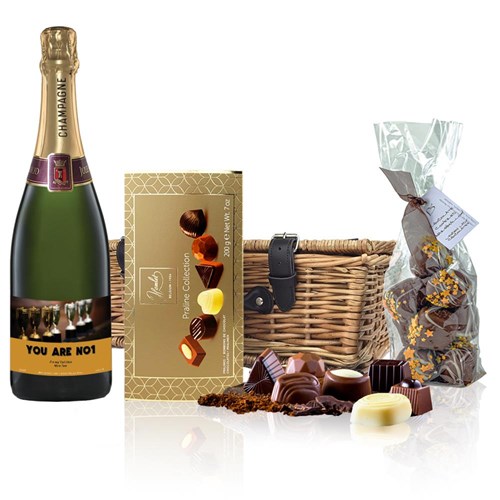 Personalised Champagne - Cup Label And Chocolates Hamper